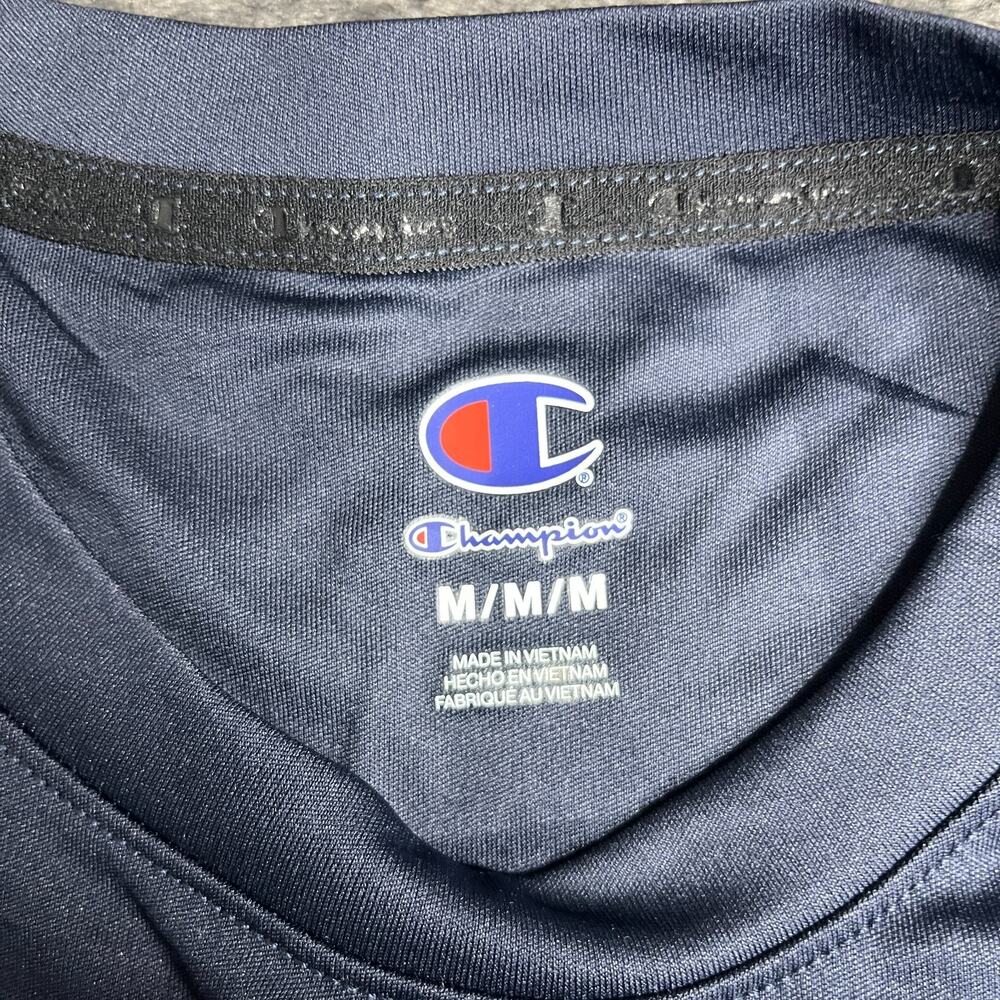 Champion Shirt Mens M Navy Blue Polyester Logo Short Sleeve Athletic - Picture 2 of 5